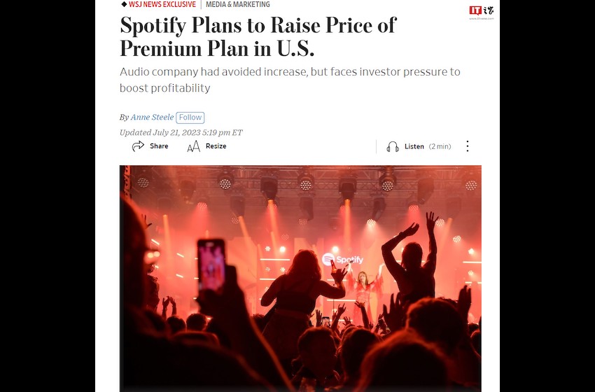 Spotify 标准订阅将在下周涨价，由 9.99 美元涨至 10.99 美元