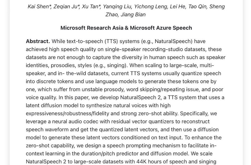 微软推出语音合成模型NaturalSpeech2，相对竞品语音重构更准确