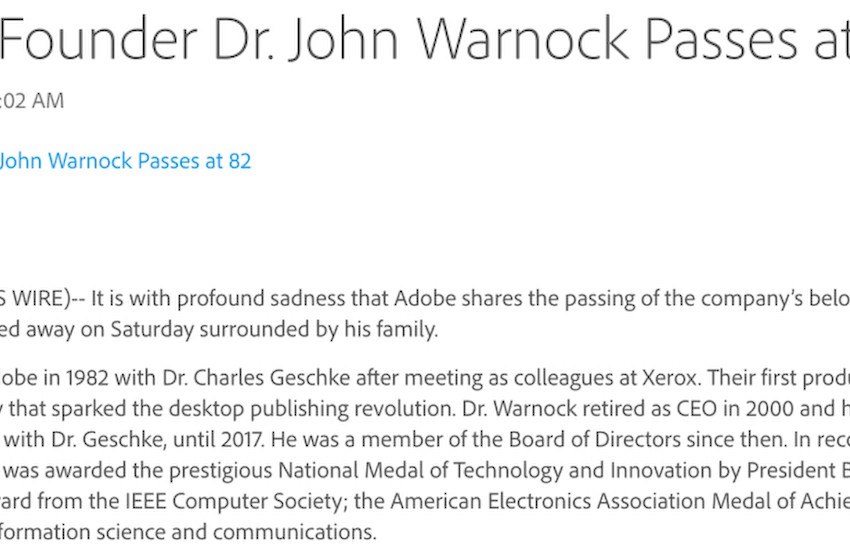 Adobe联合创始人约翰·沃诺克去世，享年82岁