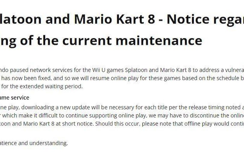 维护5个月后 WiiU版《马里奥赛车8》和《斯普拉遁》服务器终于重新上线