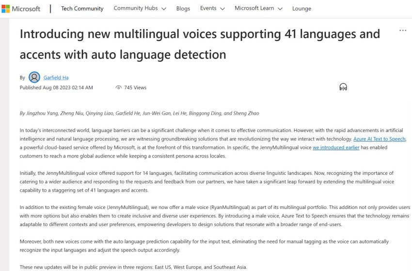 微软宣布将为 Azure AI 文本转语音功能添加男性声线