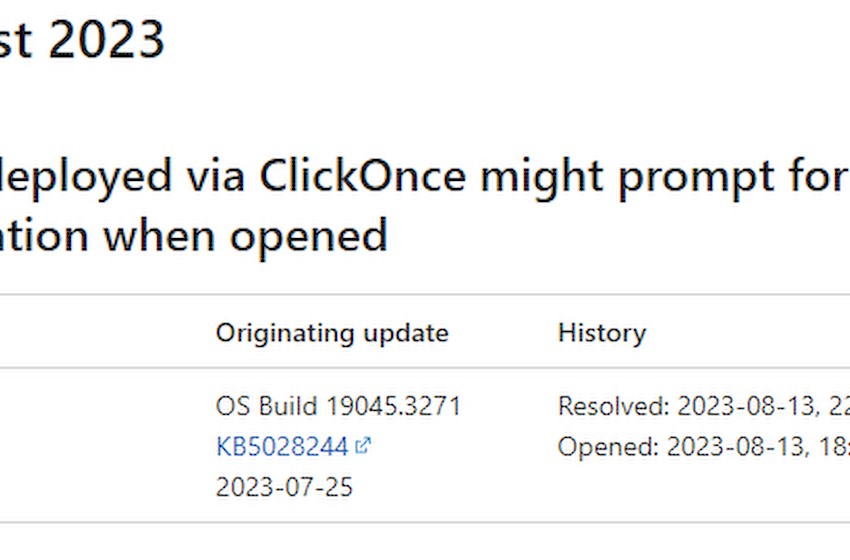 微软承认KB5028244更新存在 Bug，ClickOnce应用会显示“未安装”