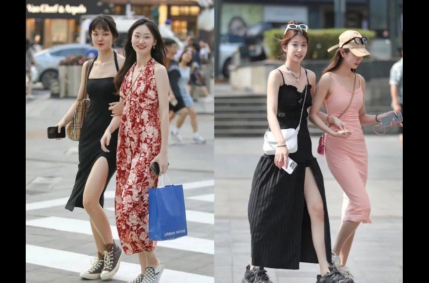 被重庆女生街拍惊艳到了，裙不上膝，鞋穿平底，洋气高级不撞款